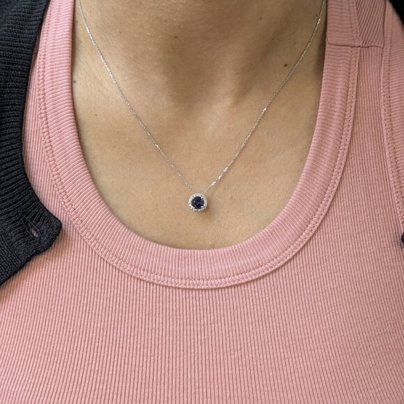 Ceylon Blue Sapphire Pendant in 14K Solid Gold with Natural Diamond Halo - Picture 3 of 8